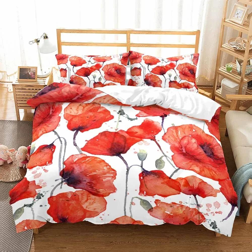 Poppy Flowers Bedding Sets Printed Jacquard Weave Bed Cover with Pillowcases Bedclothes Bedroom Comforter Set King Size Luxury