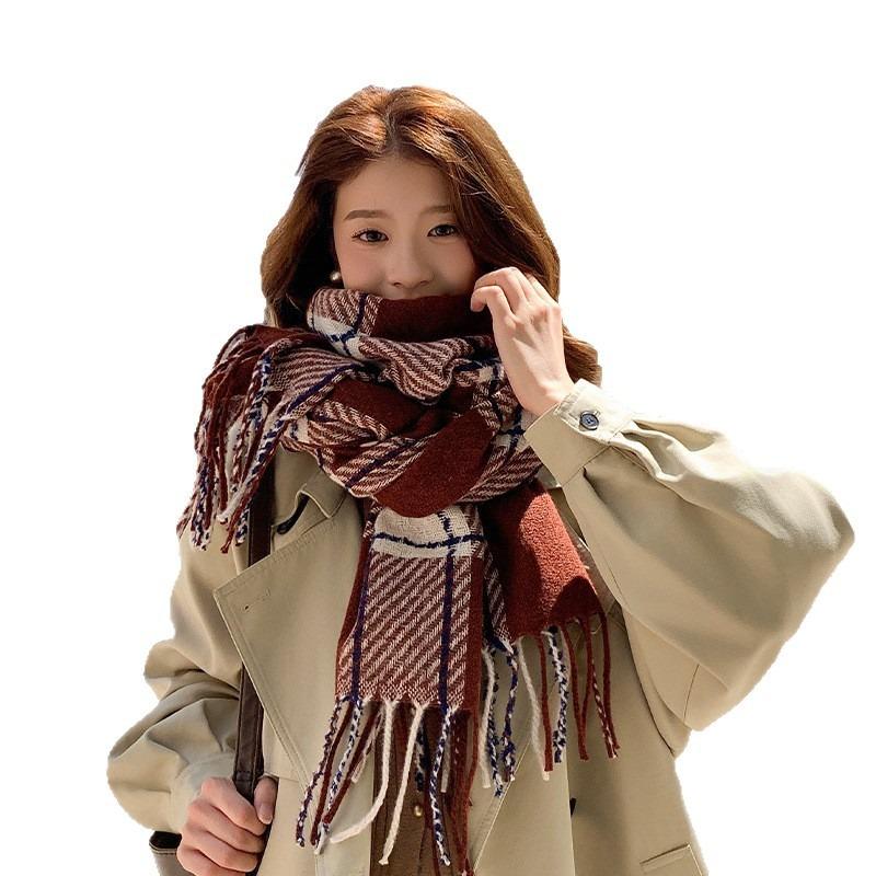 White versatile plaid scarf women's winter new imitation cashmere warm high-end shawl cold-proof scarf