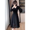 [Chubikime] One Piece Spring Summer Ladies Chiffon Medium Length Dress Long Sleeve V-neck Adult Dress A-line Simple Plain Color Elegant Dress Slimmer