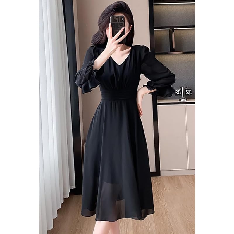 [Chubikime] one piece spring summer ladies chiffon medium length dress long sleeve V-neck adult dress A-line simple Plain color elegant Dress slimmer