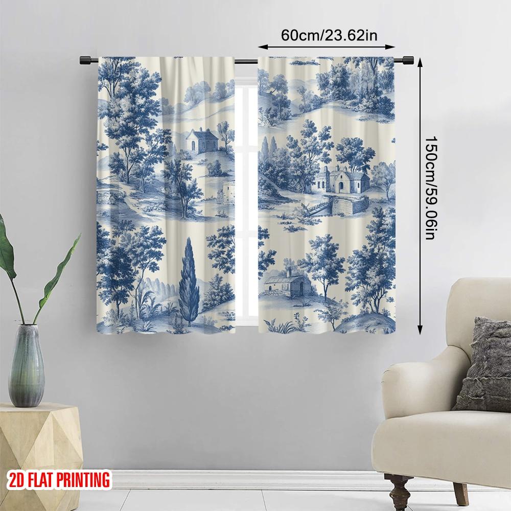 Plane Printing Curtains Digital Printed Blue Landscape Scene Durable Polyester Fabric Without Rod Versatile Set Of 2 Made