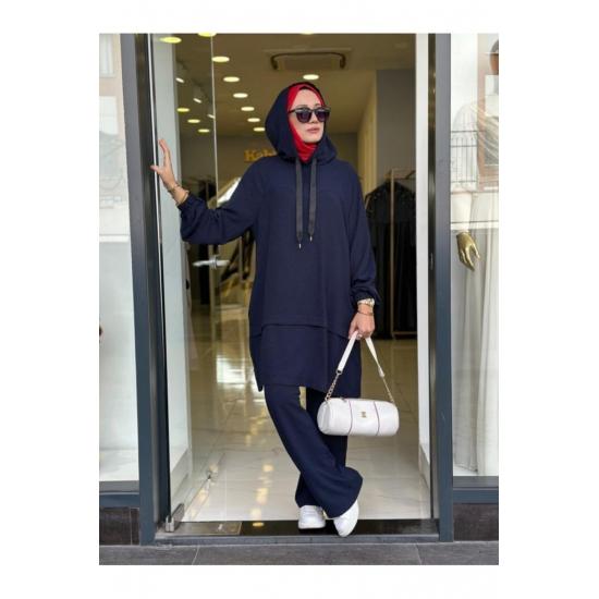 Women's Hooded Zippered Sleeves Elastic Wide Leg Pants Suit