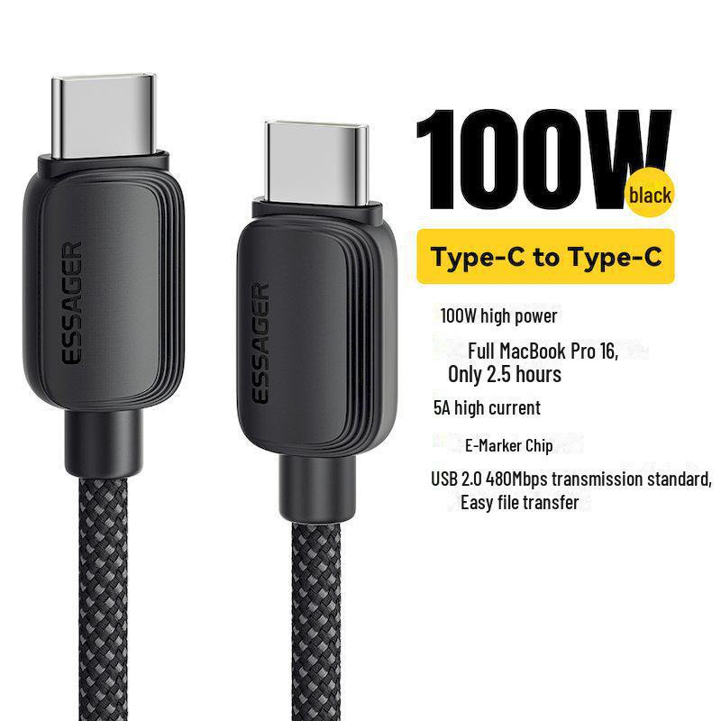 

ESSAGER Двойной кабель Type-C PD для быстрой зарядки 100 Вт для Apple и ноутбука 1 meter