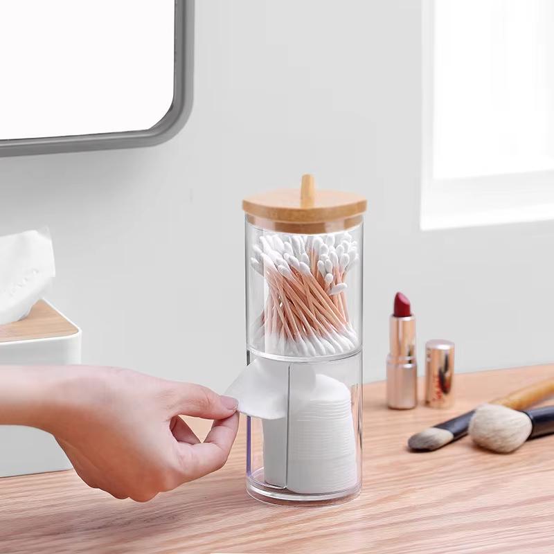 Acrylic Cosmetic Product Storage Box Containing Cotton Swab Container And Bamboo Lid Suitable For Toothpicks And Cotton Items