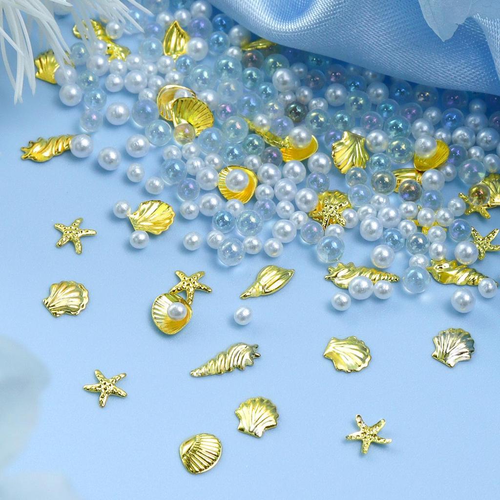 1pack Y2K Metal 3D Nail Art Charms with Conch, Starfish, Seashell Metal Rivets Nail Parts, Pearl Rhinestone Decoration, Summer Nail Supplies