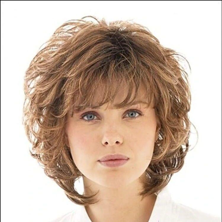 Fashionable Wigs Lady - Middle-aged Woman with Tilted Fringe and Golden Short Curly Wigs YN374