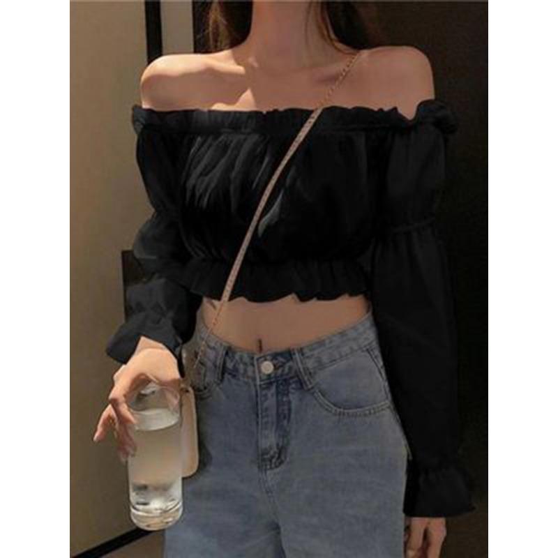 

Топ на одно плечо HNXC для студенток, укороченный топ с завышенной талией и пышными рукавами, трендовый для женщин XXL чёрный