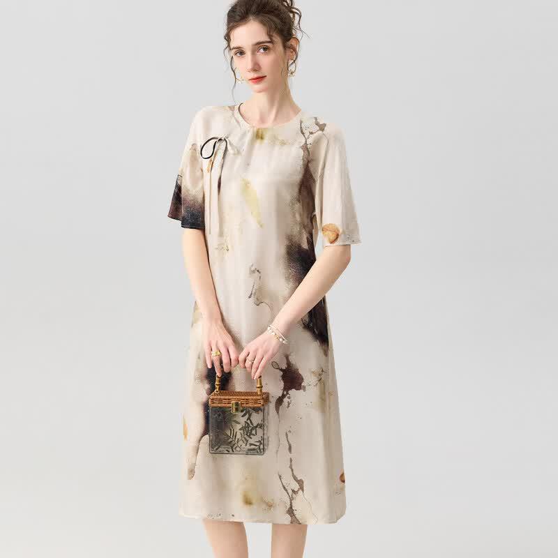 Snowforte 16 Momme Silk Blend New Chinese Ink Print Cheongsam Dress M