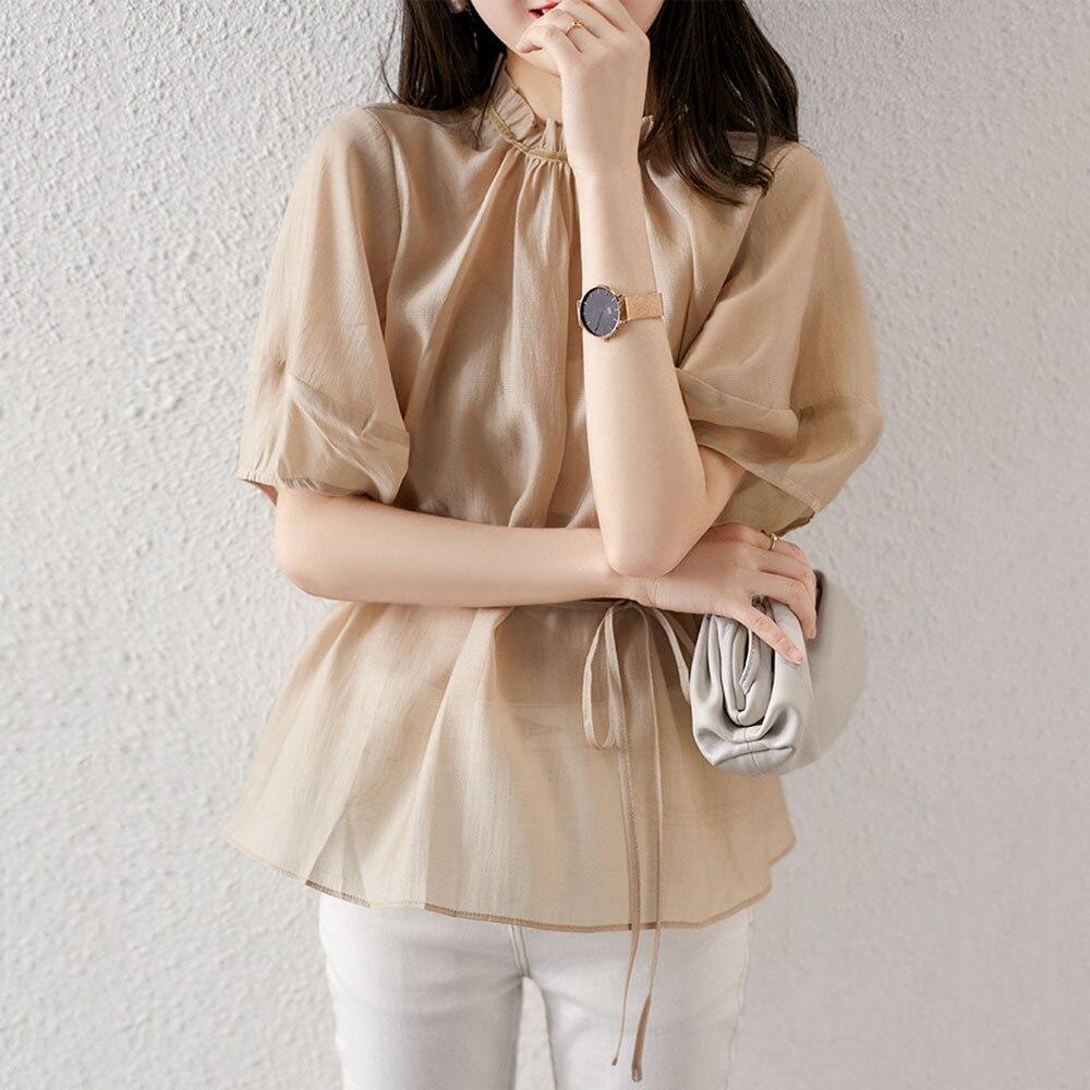 

2022 женские летние повседневные модные тонкие шифоновые рубашки в корейском стиле, топ, женский однотонный пуловер, блузки, женские воротник-стойка XXL