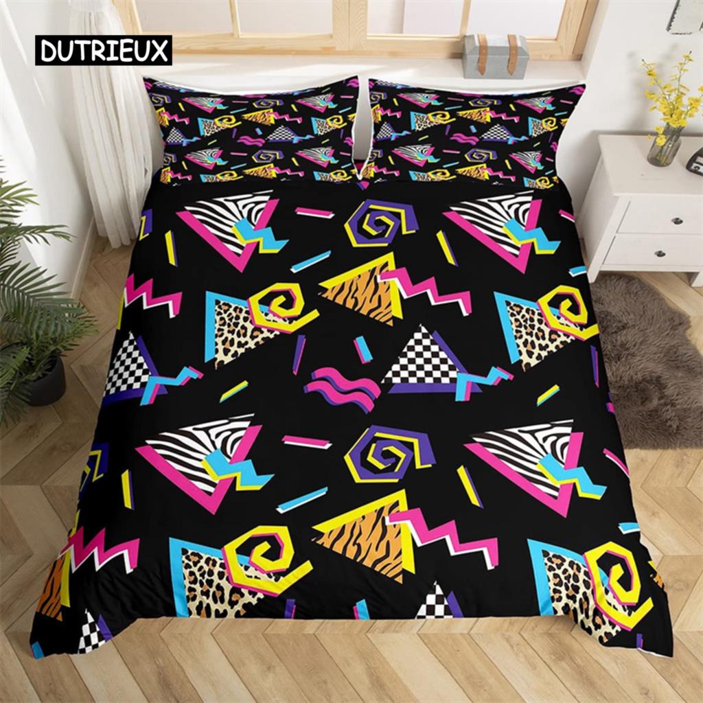 Psychedelic 3D Geometric Duvet Cover Microfiber Colorful Pop Abstract Art Comforter Cover Retro 80s Style Bedding Set Queen Size