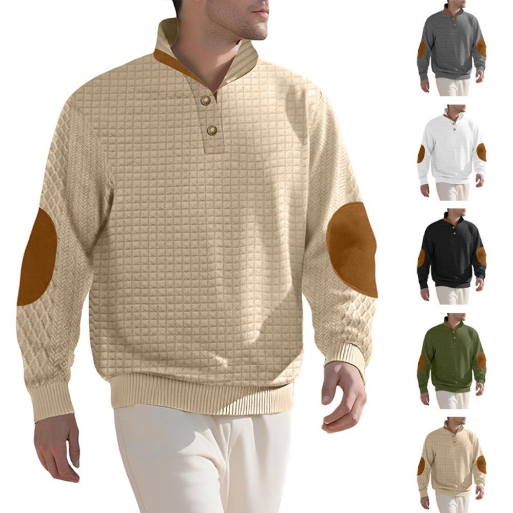 Autumn and Winter Men's New Square Grid Men's Stand Up Collar Single Breasted Casual Long Sleeved Sweatshirt