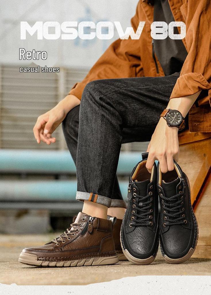 Men's Plus Size Handmade Leather High-Top Winter Boots with Velvet Lining
