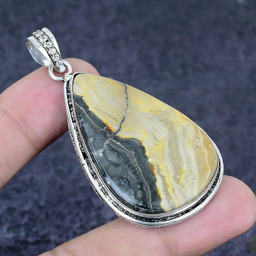 Natural Bumble Bee Jasper 925 Sterling Silver Jewelry Pendant 2.44" S9t37