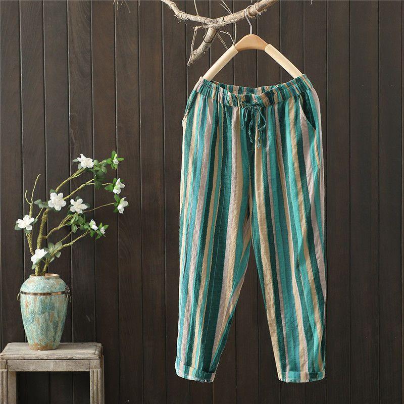 Women's Loose Casual Stripe Pants Thin Cotton Linen Harlan Summer Vintage Trousers