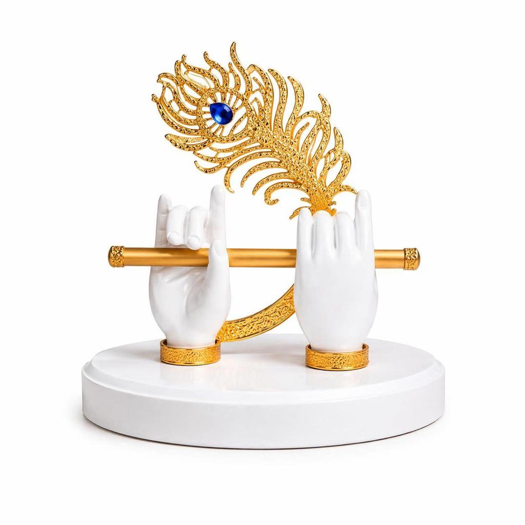 Goldplated Krishna Hand with Flute Idol Peacock Feather Mor Pankh Showpiece,Housewarming Gift, Birthday Wedding Anniversary Janmashtami Gift