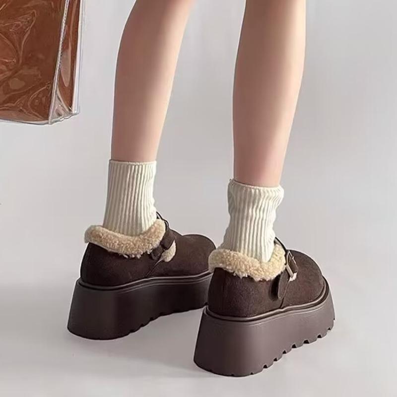 Fashion 2025 Fashionable Versatile Women's Cotton Shoes Thick Bottom Loafers Warm Fleece Lined Flat Heel round Toe Shoes