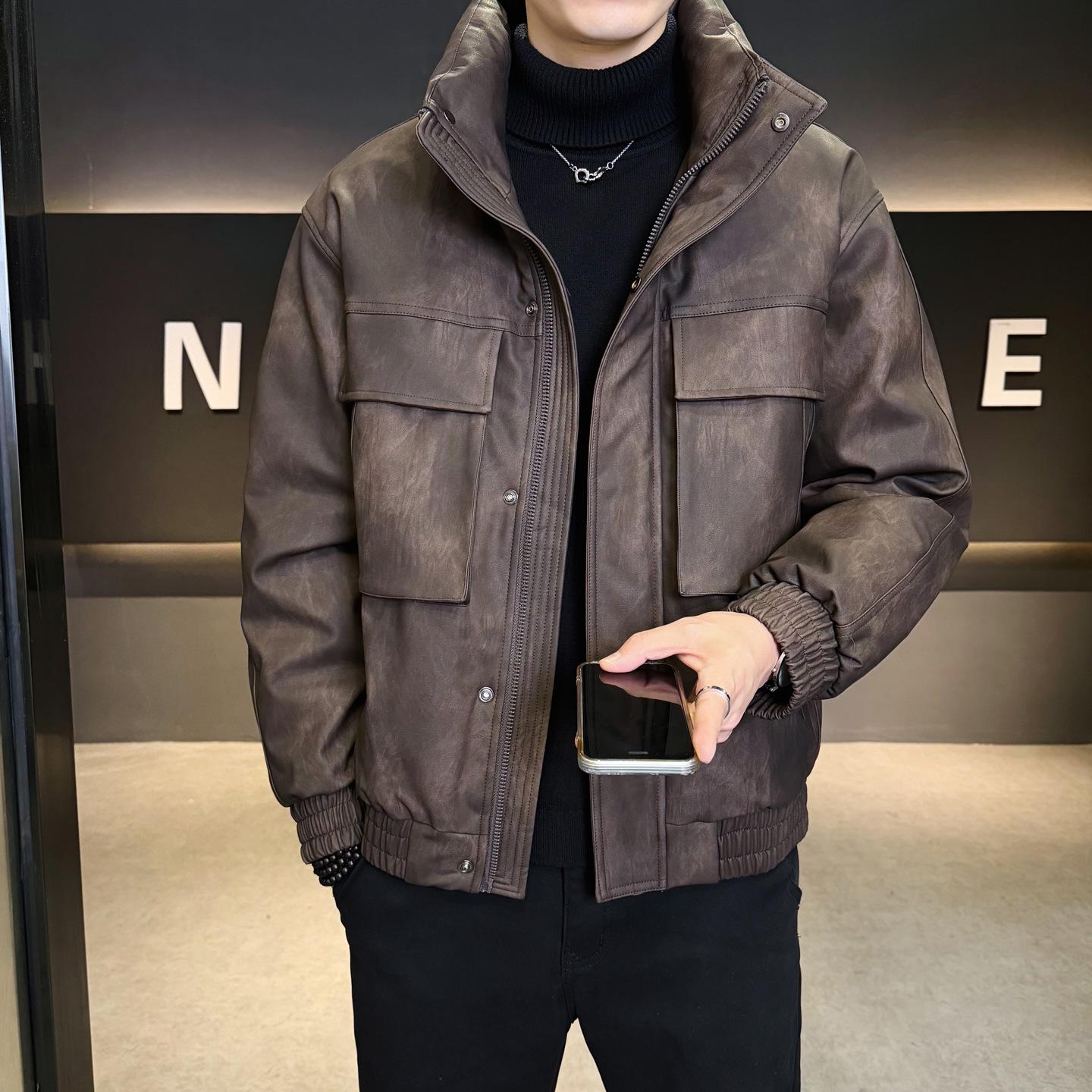 

Men s 2025 High-End Trendy PU Leather Down Jacket - American Workwear, 90% New Winter Style 2XL кавовий
