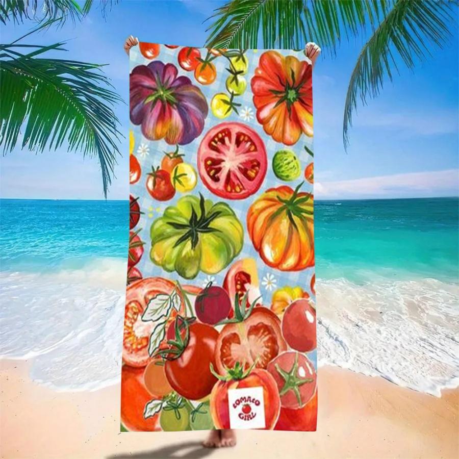 Retro Tomato Art Beach Towel - Quick Dry Microfiber with Colorful Heirloom Tomatoes Print Vintage Garden Style Sand Free Blanket 50x100cm