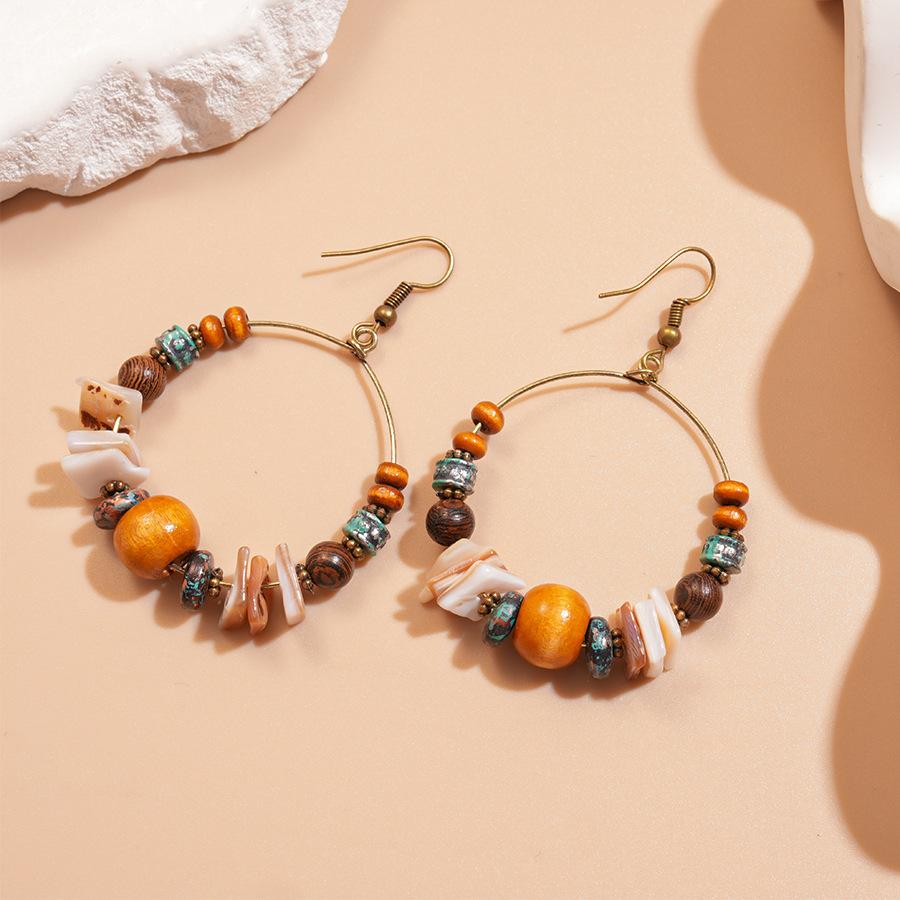 Этнический стиль ракушки деревянные бусины бусы нерегулярные серьги-крючки ретро нишевый дизайн преувеличенные серьги