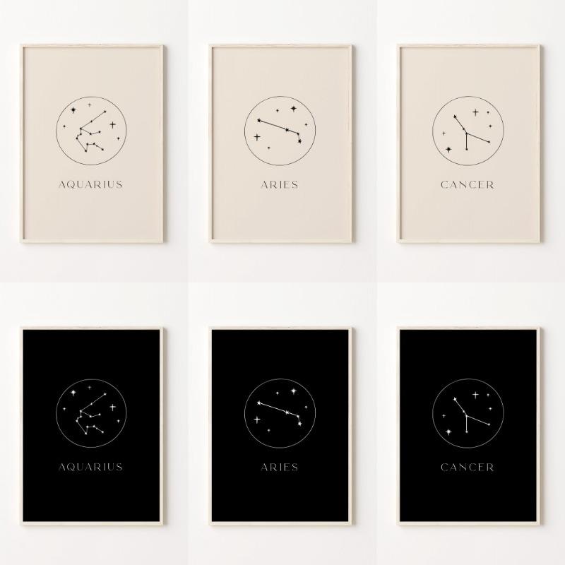 Minimalist Astrology Art Print Cream Beige and Black Zodiac Home Wall Decor Star Sign Neutral Constellation Canvas Poster
