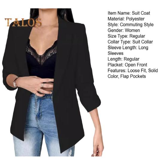 Women Suit Coat Lapel Long Sleeve Flap Pockets Suit Jacket Solid Color Open Front Office Lady Business Outwear