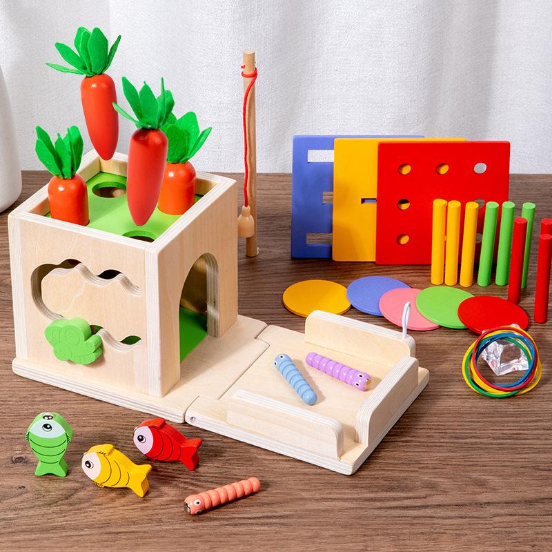 Children's Wooden Educational Toy: Radish Pulling, Bug Catching, Fishing, and Nail Board