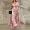 Europe and the United States Cross-border Foreign Trade 2026 Summer Elegant and Sexy Deep V-neck Lotus Leaf Sleeve Bohemian Print Dress
