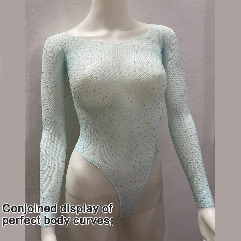 Womens Babydoll Lingerie Sheer Fishnet Mesh Long Sleeve Bodysuit Sparkling Rhinestones Jumpsuit Leotard Top Nightwear