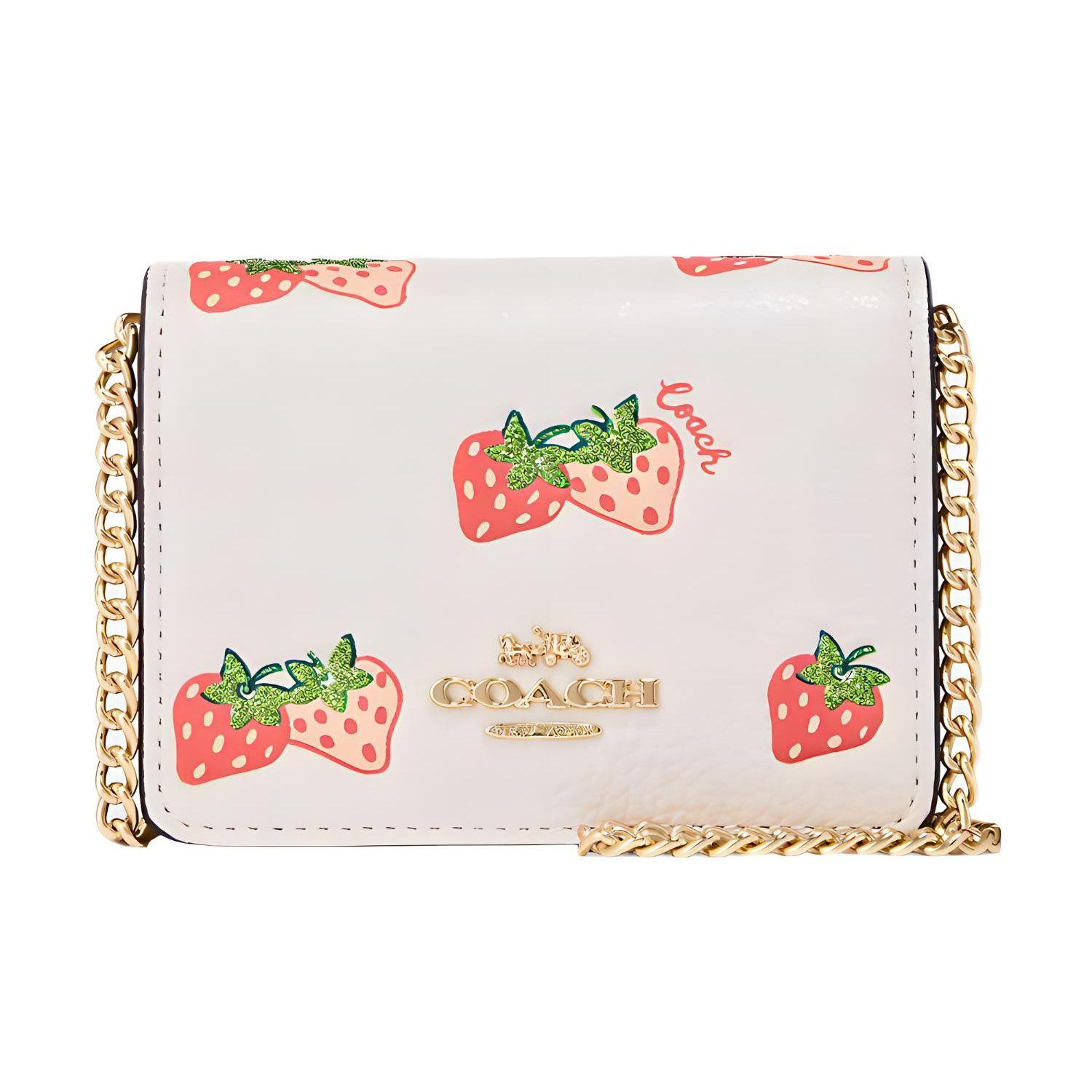 

Coach Strawberry Print Detachable Chain Strap Snap Closure Leather Wallet Clutch Shoulder Crossbody Mini Women wallet White CB607-IMCAH Basic Set (Bag+Dust Bag)