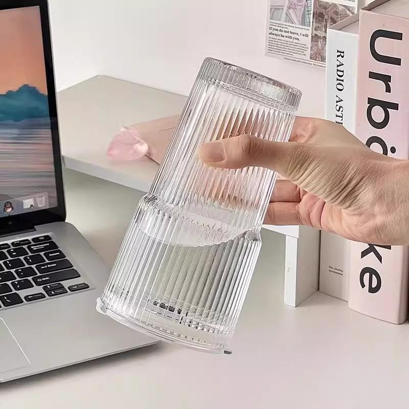 Large Capacity  Stripe Glass Coffee Cup With Lid Cover Straw Transparent Drinking Glasses For Juice Iced Coffee Mugs Drinkware