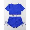Sexy Drawstring Bikini Set Women Green Black Short Sleeve Two Piece Swimsuit Summer Bathing Suit Pleate High Waist Swimwear