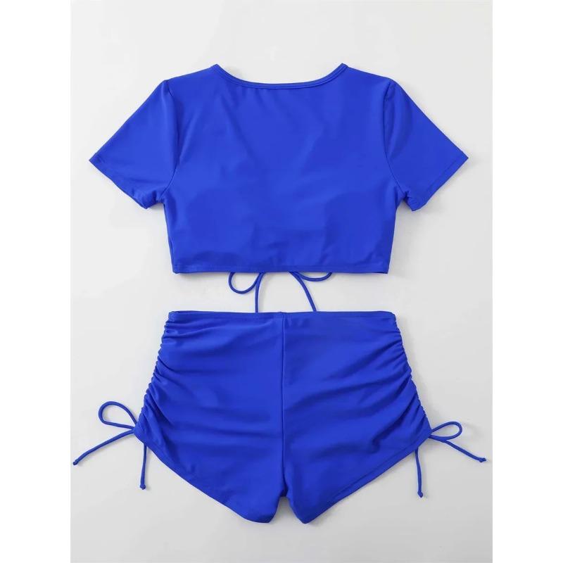 Sexy Drawstring Bikini Set Women Green Black Short Sleeve Two Piece Swimsuit Summer Bathing Suit Pleate High Waist Swimwear