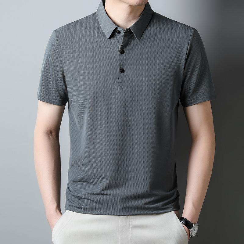 Men'S Solid Color Lapel Quick-Drying Waffle Loose Breathable Medium And Short-Sleeved T-Shirt Polo Shirt