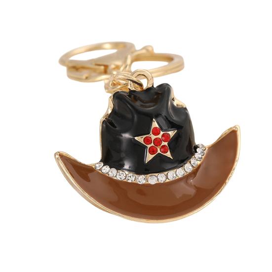 

Keychain Pendant Sparkling Rhinestones Five-Pointed Star Pattern Western Style Cowboy Hat Design Key Chain with Lobster Clasp Backpacks Accessory коричневий