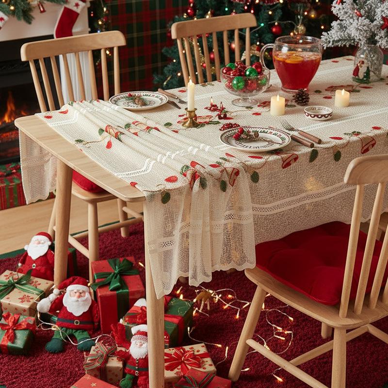 Beige Lace Tablecloth Christmas Bells Embroidered Table Cloths Square Xmas Table Covers For Kitchen Dining Room Home Decorations