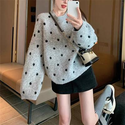 Retro Polka Dot Crewneck Pullover Sweater for Women, New Autumn-winter Style, Relaxed and Soft Inner Layer, Knitted Top