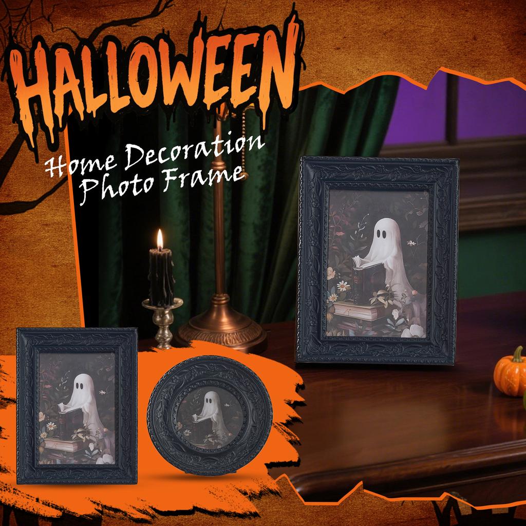 Retro Style Picture Frame Embossed Photo Frame Resin Black Handcrafted Tabletop Display Halloween Decor For Gift Living Room, Round