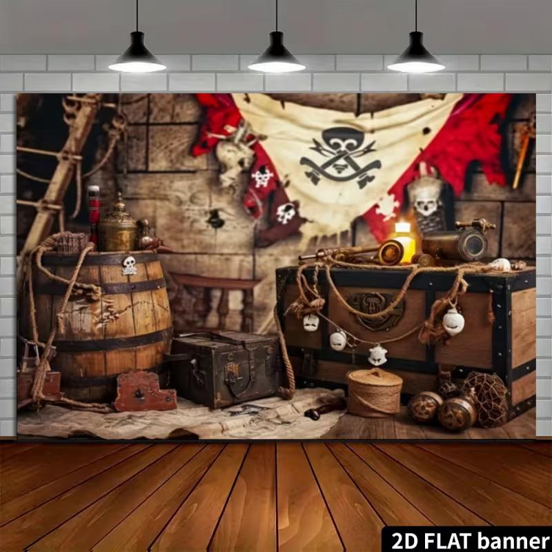 2D Piratenschiff Kabine Kulisse Totenkopfflagge Geburtstagsparty Hintergrund