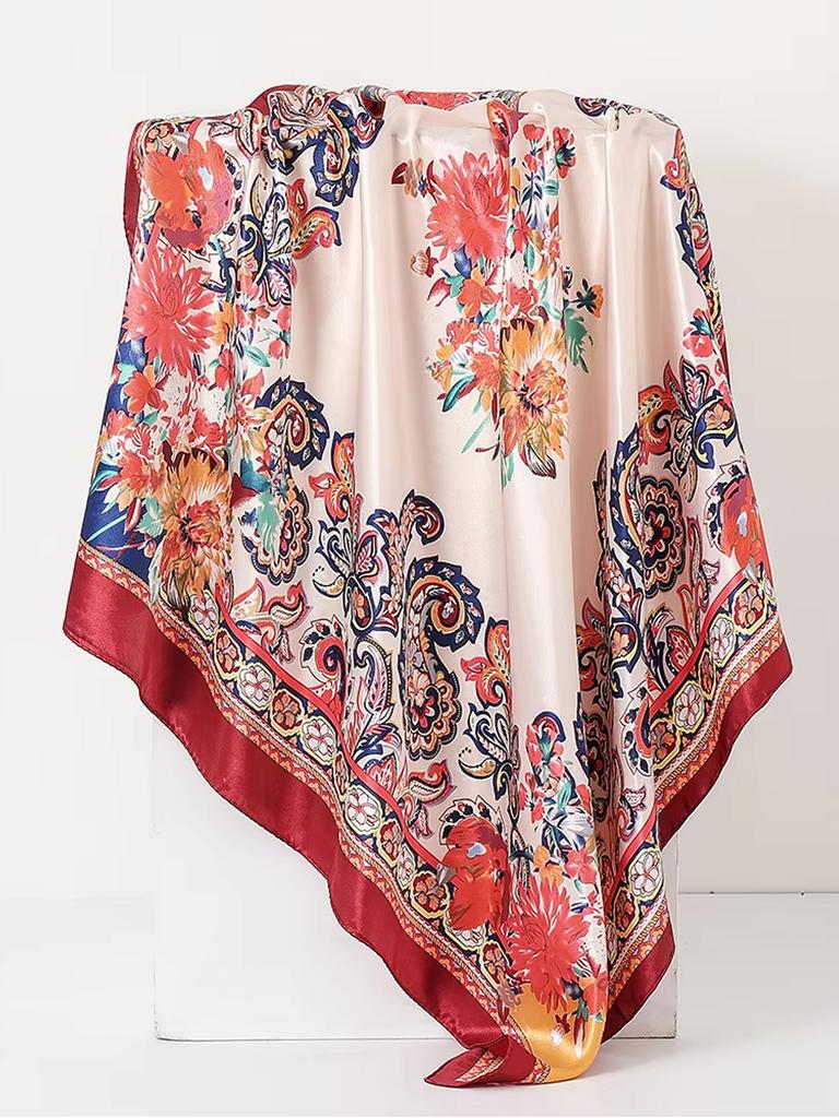 Supply 91CM large square scarf women's ethnic style red cashew nut pattern printed scarf women's headscarf silk scarf