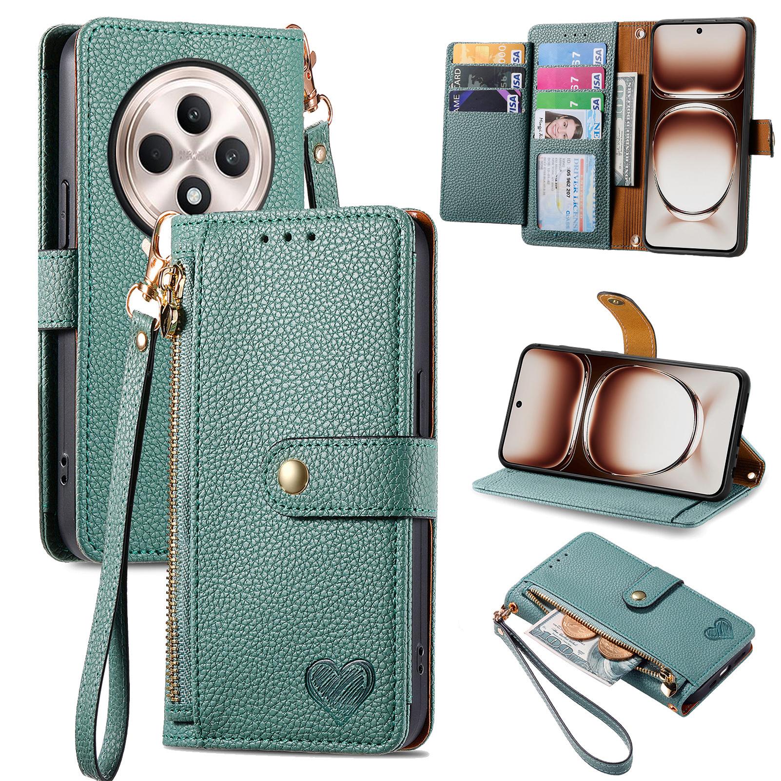 

For Oppo Reno12 F 5G Case RFID Blocking Zipper Pocket Leather Wallet Phone Cover Green