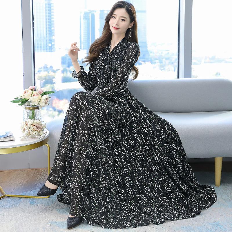 

Шифоновое платье с длинными рукавами, весеннее и осеннее шифоновое платье с супер сказочной талией, пляжное платье с длинной юбкой, легкая дышащая ткань XXXL