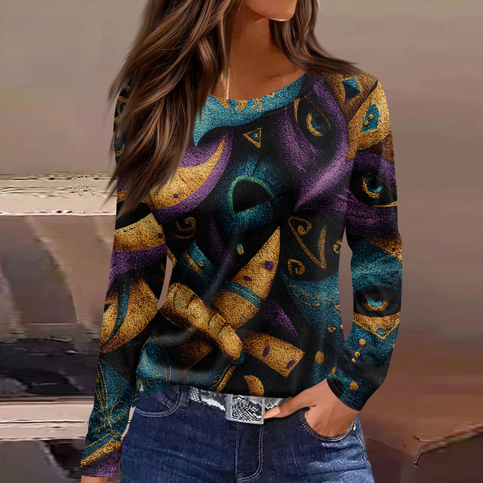 

Women s Fashionable Casual Neck Long Sleeve Hem Split Carnival Print T-Shirt Top L чёрный