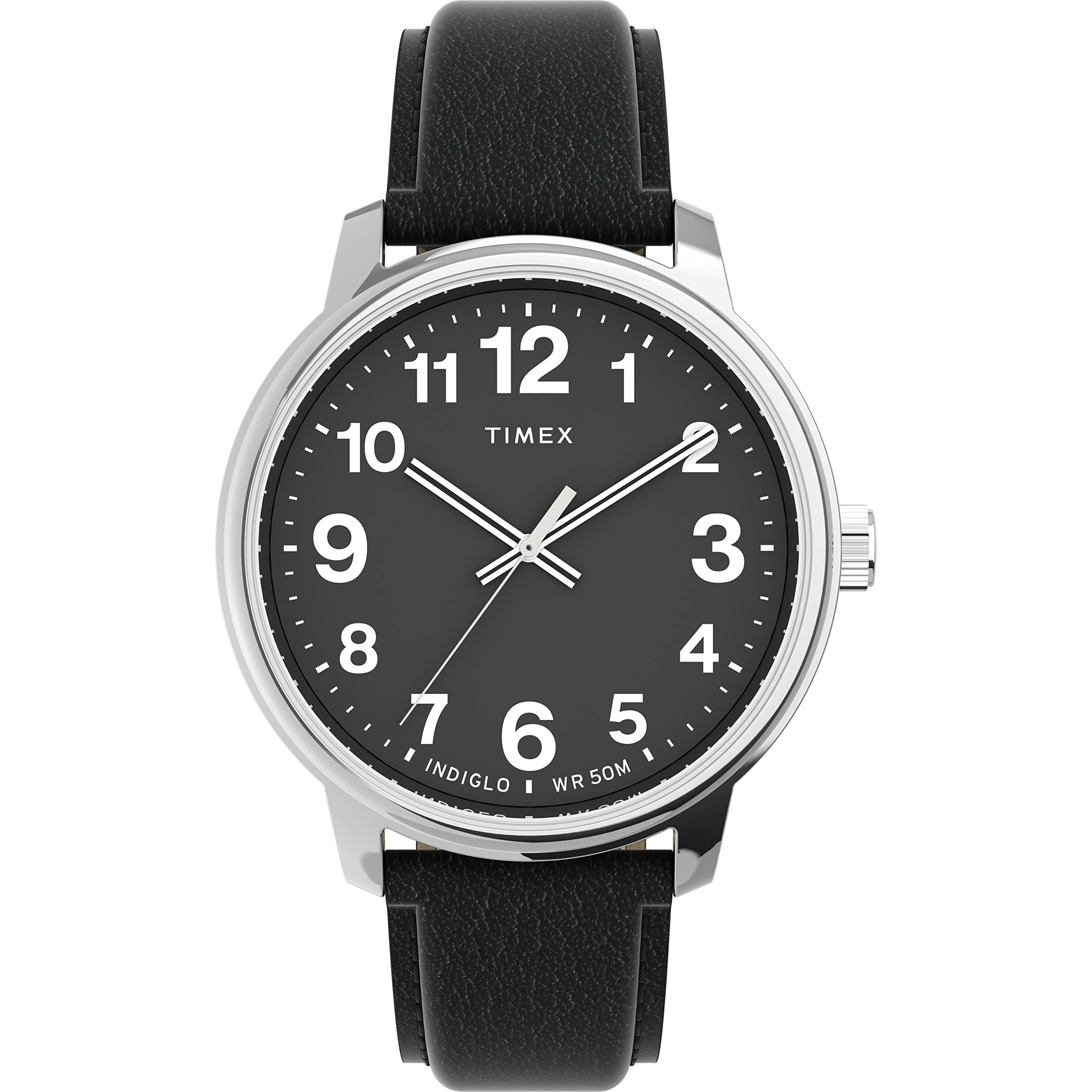 Timex Easy Reader Date Full Size Leather Strap Timex Easy Reader Watch Watch, Black/Silver Tone/Black, 43mm, Men s