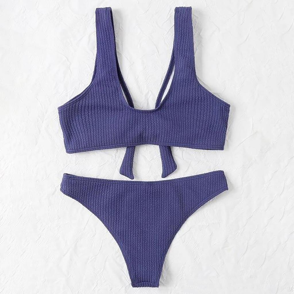Women's Two Piece Bikini Set Ribbed Texture Waist Tie Front Tank Top and High Cut Bottom Swimsuit Summer Beachwear