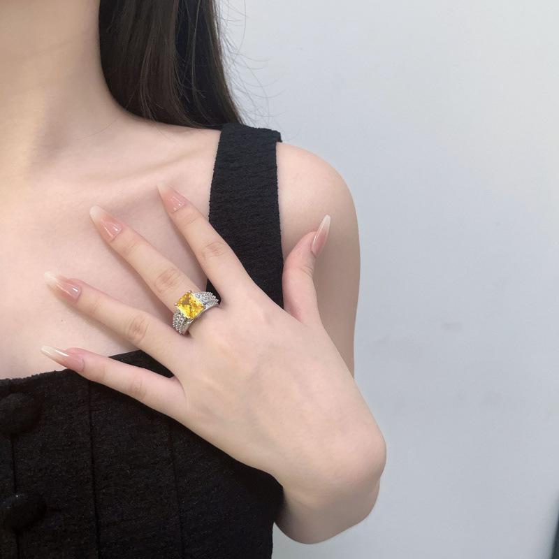 Yellow Zircon Ice Flower Cut High Carbon Diamond Square Ring Light Luxury High-End Design Temperament Ring
