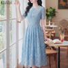 Women Casual Round Neck Summer Lace Patchwork Short Sleeve Dress