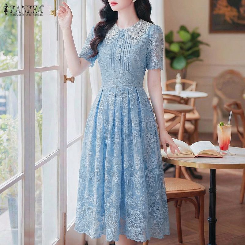 ZANZEA Women Casual Round Neck Summer Lace Patchwork Short Sleeve Dress