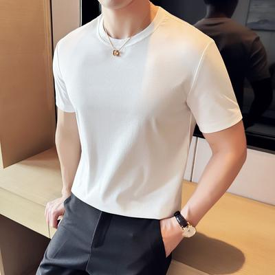 Camiseta de Verão de Algodão Macio de Água de Manga Curta com Gola Redonda Masculina Cor Sólida Masculina Camiseta Casual de Seda Gelo