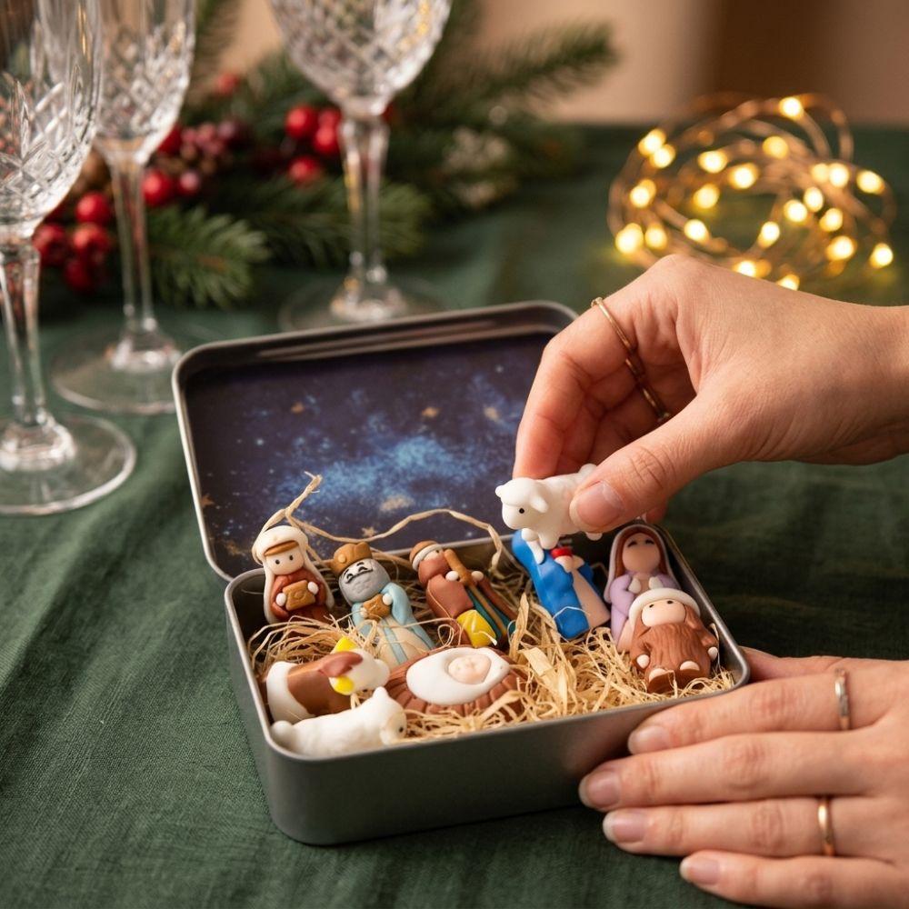 Metal Tin Box Mini Christmas Trough Set Holy Family Christmas Figurines Bedside Table