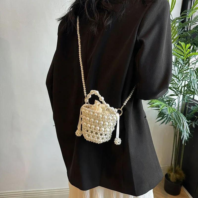 Pearl Crossbody Bag for Women Solid Rope Minaudiere Individuality Handbags